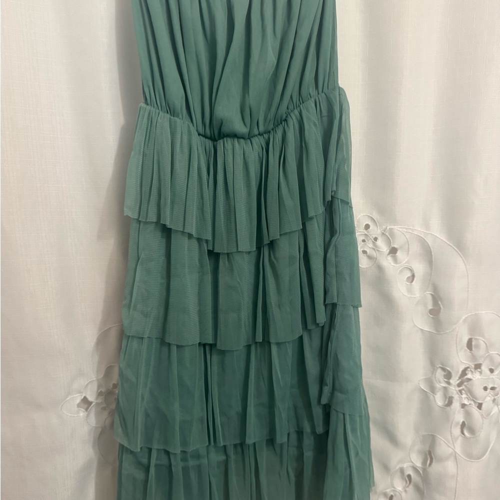 Elegant Sage Green, Tiered Strapless Dress; Beautiful Soft Tulle Layers.